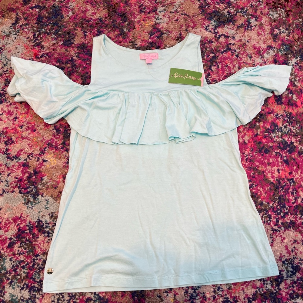 Lilly Pulitzer Light Blue Ruffle Cold-Shoulder Top s
